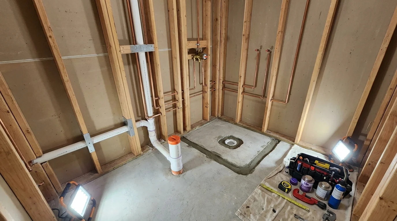 Bathroom rough-in plumbing during remodel by Johns Plumbing LLC in East Alton