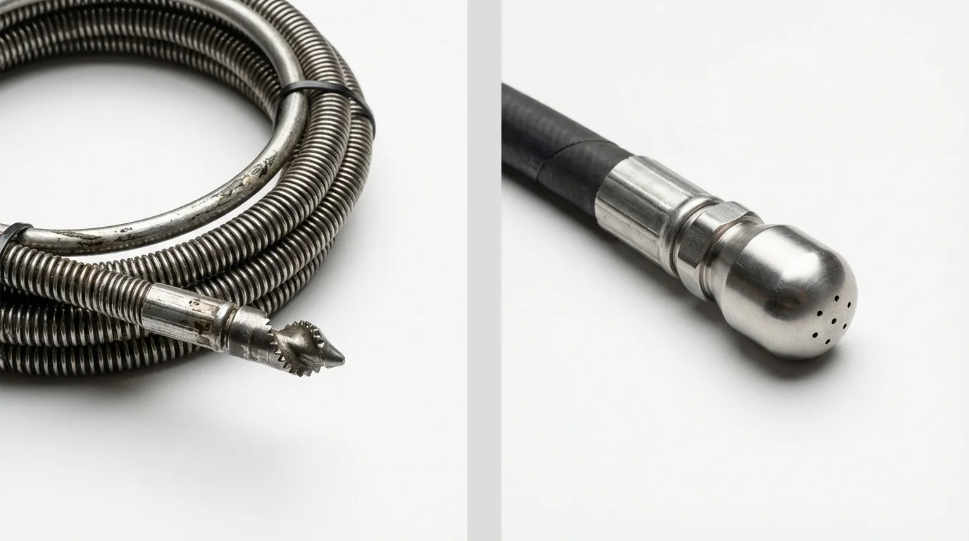 Drain snake cable and hydro jetting nozzle used for drain cleaning in East Alton, IL