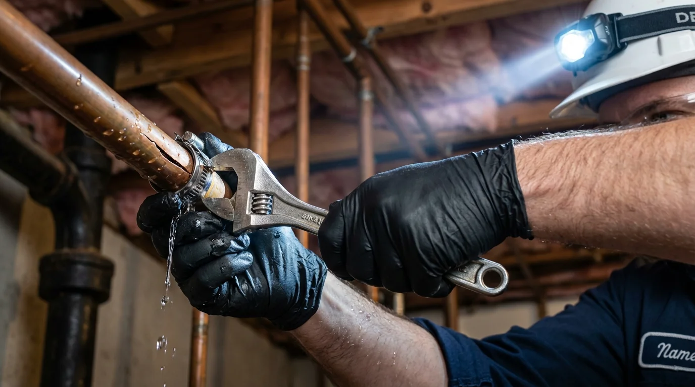 Emergency pipe clamp repair being performed by a Johns Plumbing LLC plumber in East Alton