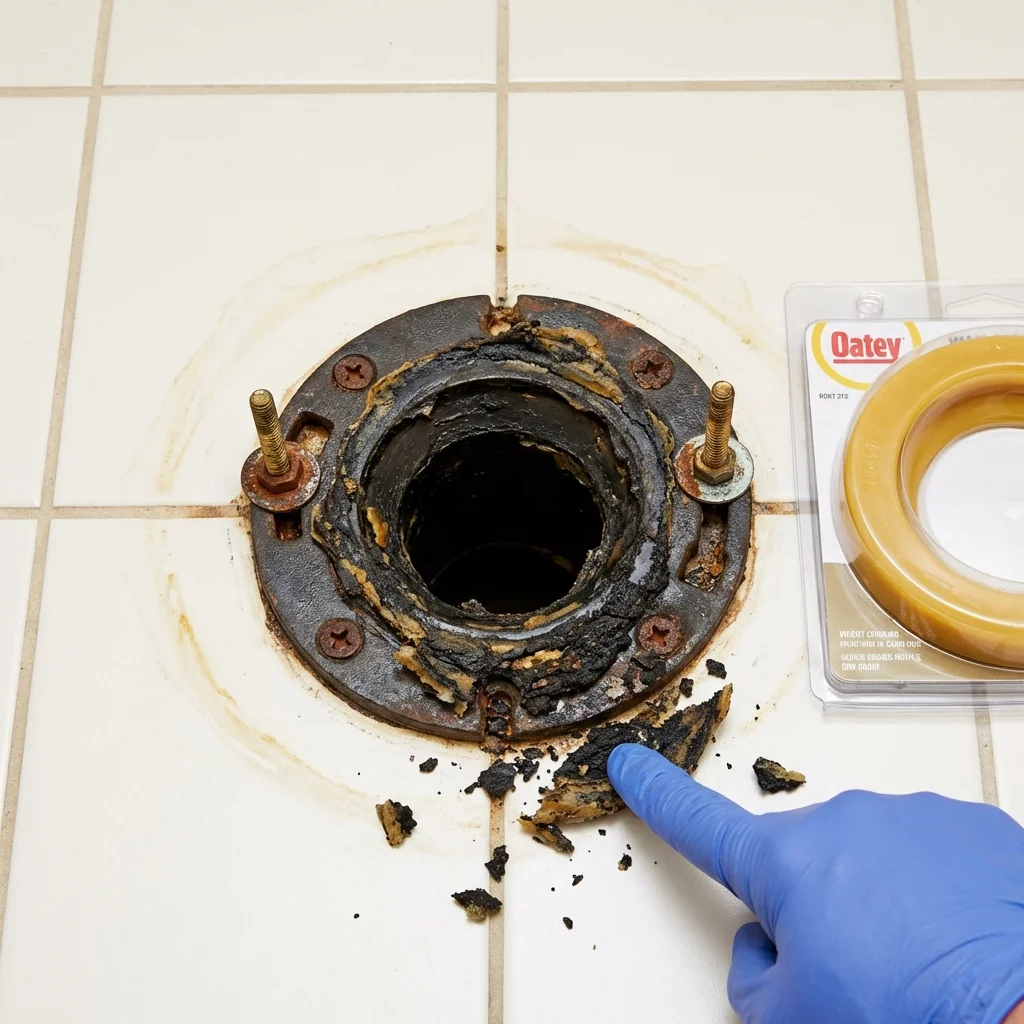 Failed wax ring showing water seepage at the base of a toilet in a East Alton, IL home