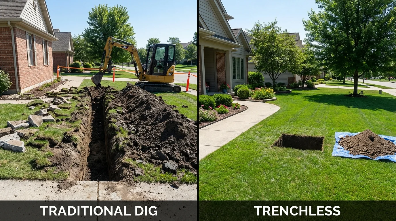 Trenchless sewer repair with minimal yard damage versus traditional excavation in East Alton, IL