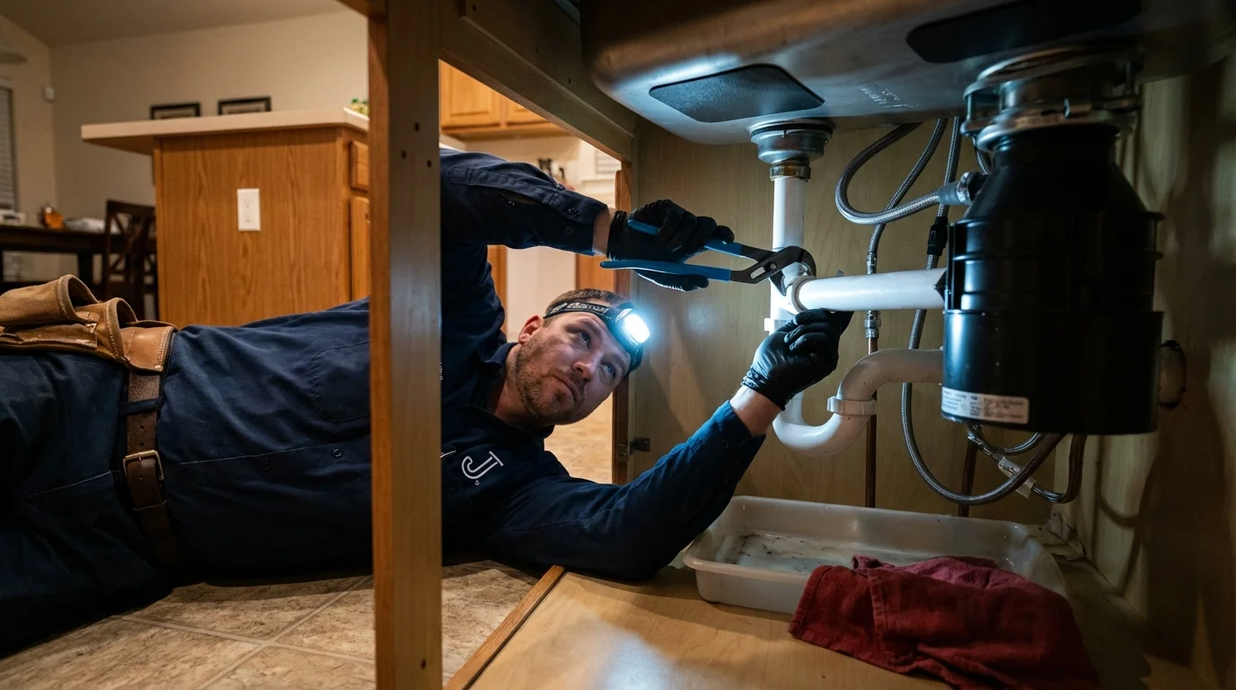 P-trap and supply line connections under a kitchen sink showing a common leak point in East Alton, IL